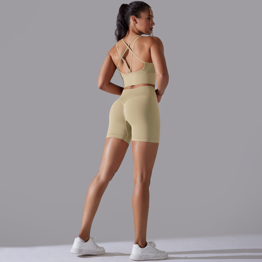 fashion seamless knitting pure color beautiful back high elastic sports tight yoga suit running fitness two-piece set