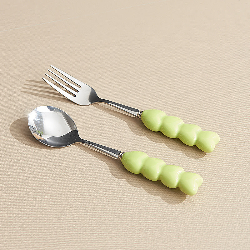 Heart-shaped ceramic stainless steel fork and spoon set - high-temperature underglaze decoration - wedding & celebration dinnerware - wholesale