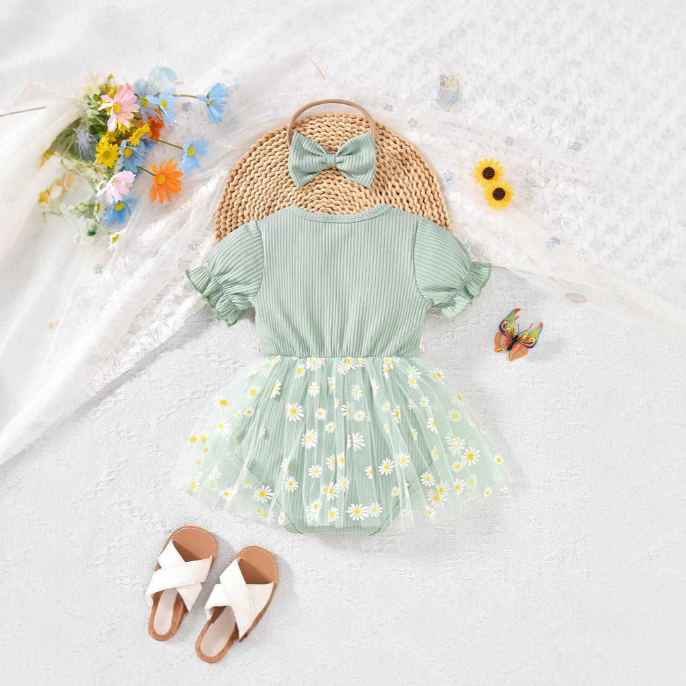 Baby girl party outfit cute ribbed knit patchwork mesh floral fake two-piece mesh romper dress with headband