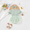 Baby girl party outfit cute ribbed knit patchwork mesh floral fake two-piece mesh romper dress with headband