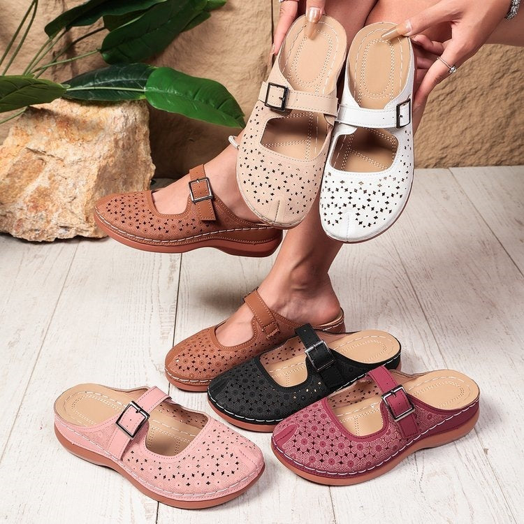 Exportnew arrivalplus sizecut out toe thick bottom slippers women's retro style buckle lazy back empty half slippers sandals wholesale