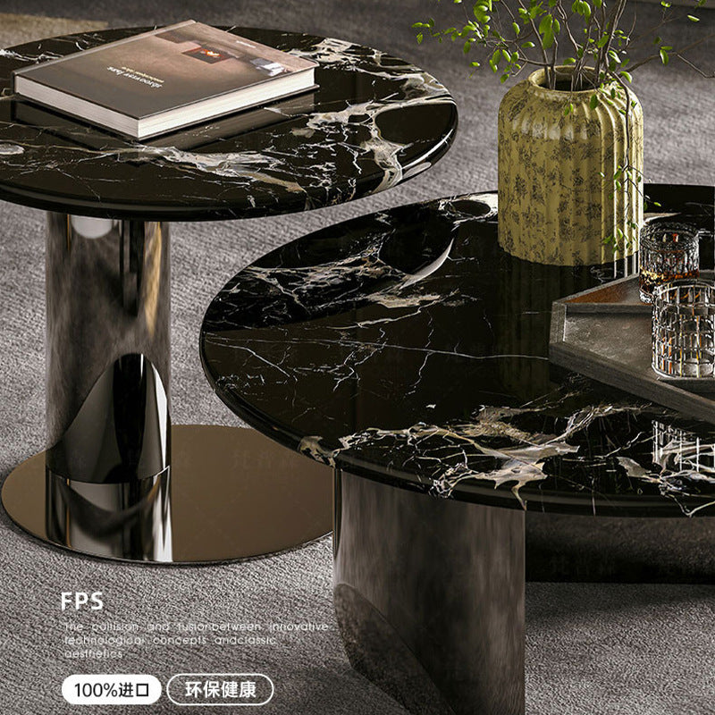 Ready-to-ship marble coffee table - luxury round coffee table with black rose design - natural stone, high-end living room table