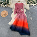 European and american style high-end long-sleeved top with 3d floral ribbon detail + gradient elastic waist midi skirt set for women - winter collection