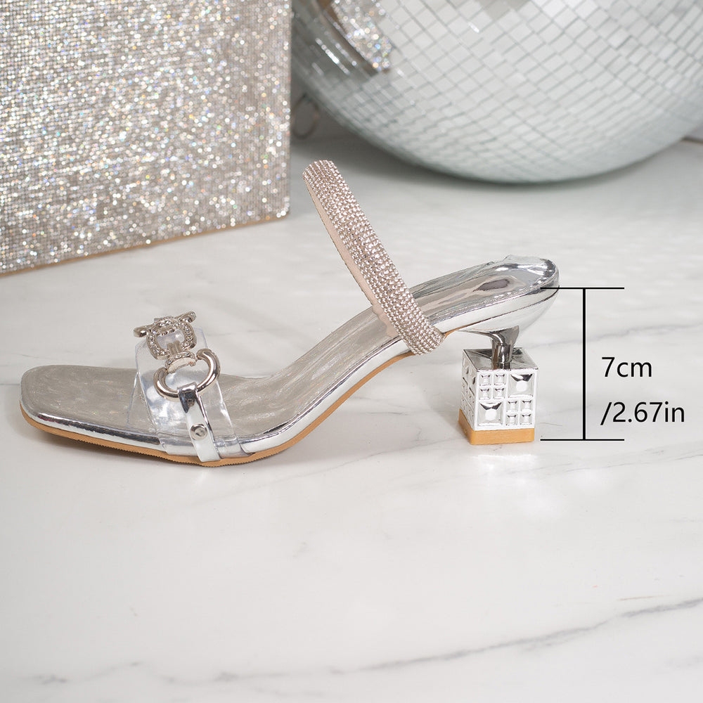 Summerplus sizemouth rhinestone high heel slippers 2026new arrival special-shaped heel cross-border fashion one-line sandals for women