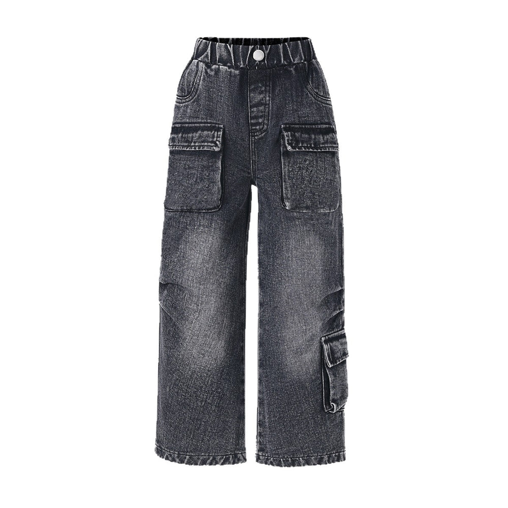 kidsloose pantsjeansk-style washed and distressed multi-flap pocket pantsretroworkwear men's and women's children's clothingstraight-leg pants