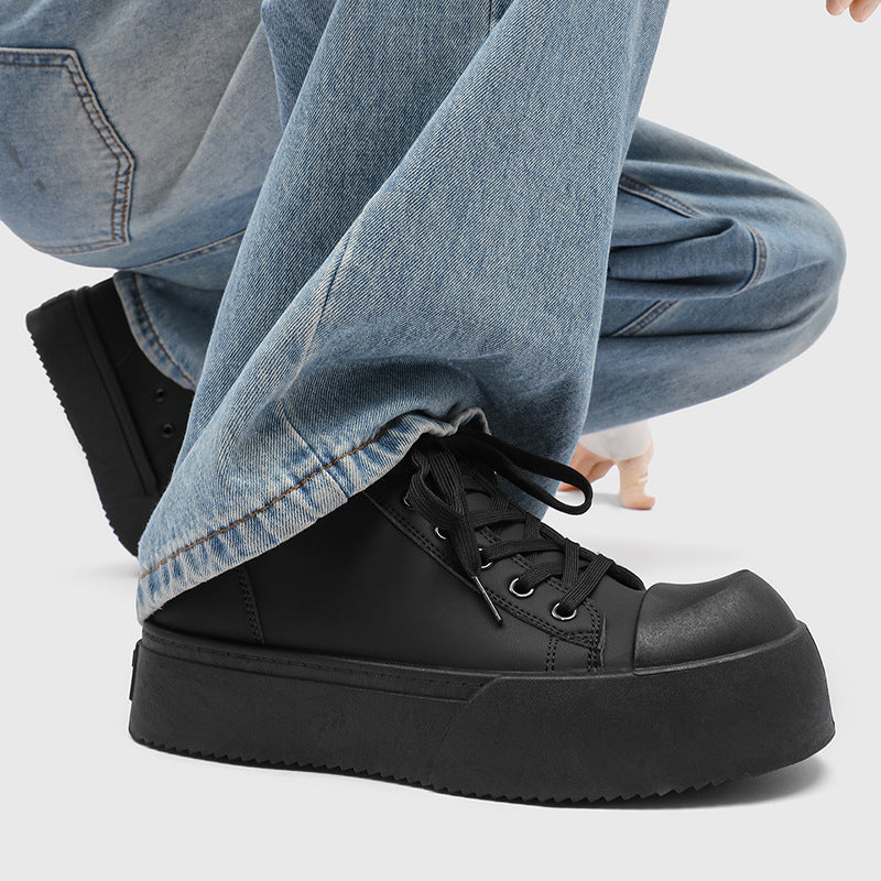 Spring chunky sneakers: black platform height increasing athletic casual board shoes, versatile commute leather low-top wear-resistant derby shoes