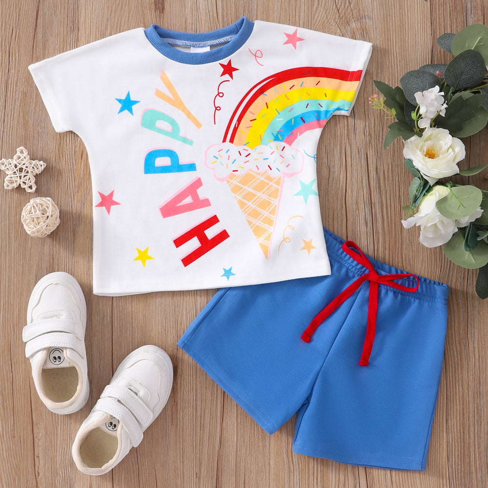 Children's short-sleeved ice cream rainbow shortssuit