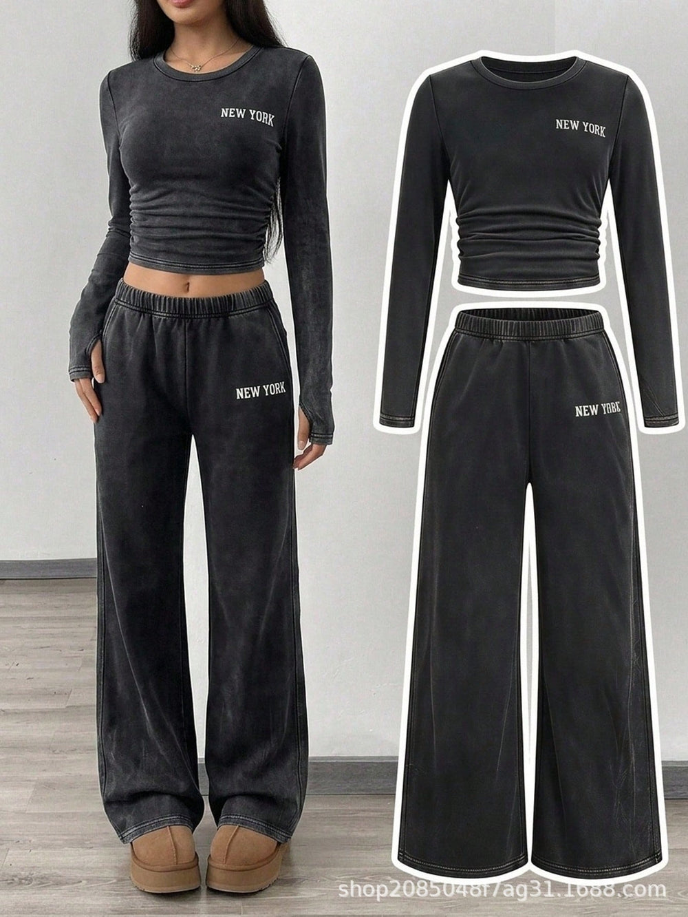 retro washed women's suit round neck pleated short long sleeves tops elastic waist distressed wide leg sweatpants