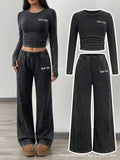 retro washed women's suit round neck pleated short long sleeves tops elastic waist distressed wide leg sweatpants