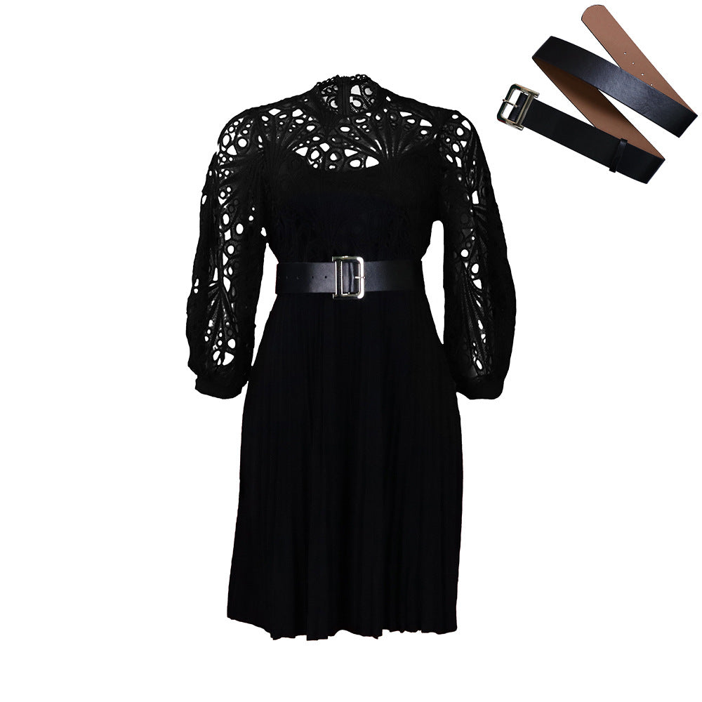D322 independent station foreign trade women's clothing  new style pure color lace crochet cut out pleated european and american dress