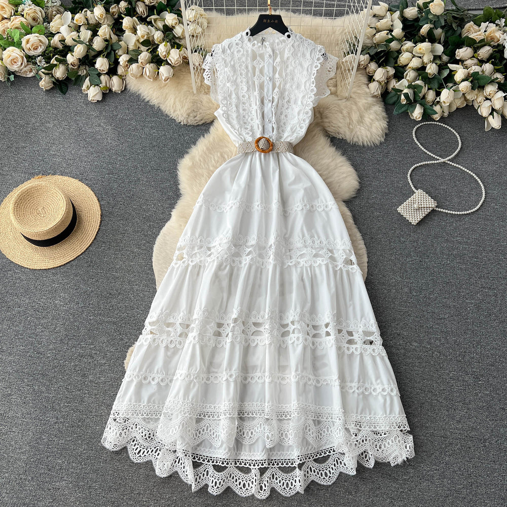 French chic high-end stand collar cutout embroidery lace trim sleeveless cinched waist slimming elegant dress