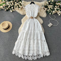 French chic high-end stand collar cutout embroidery lace trim sleeveless cinched waist slimming elegant dress