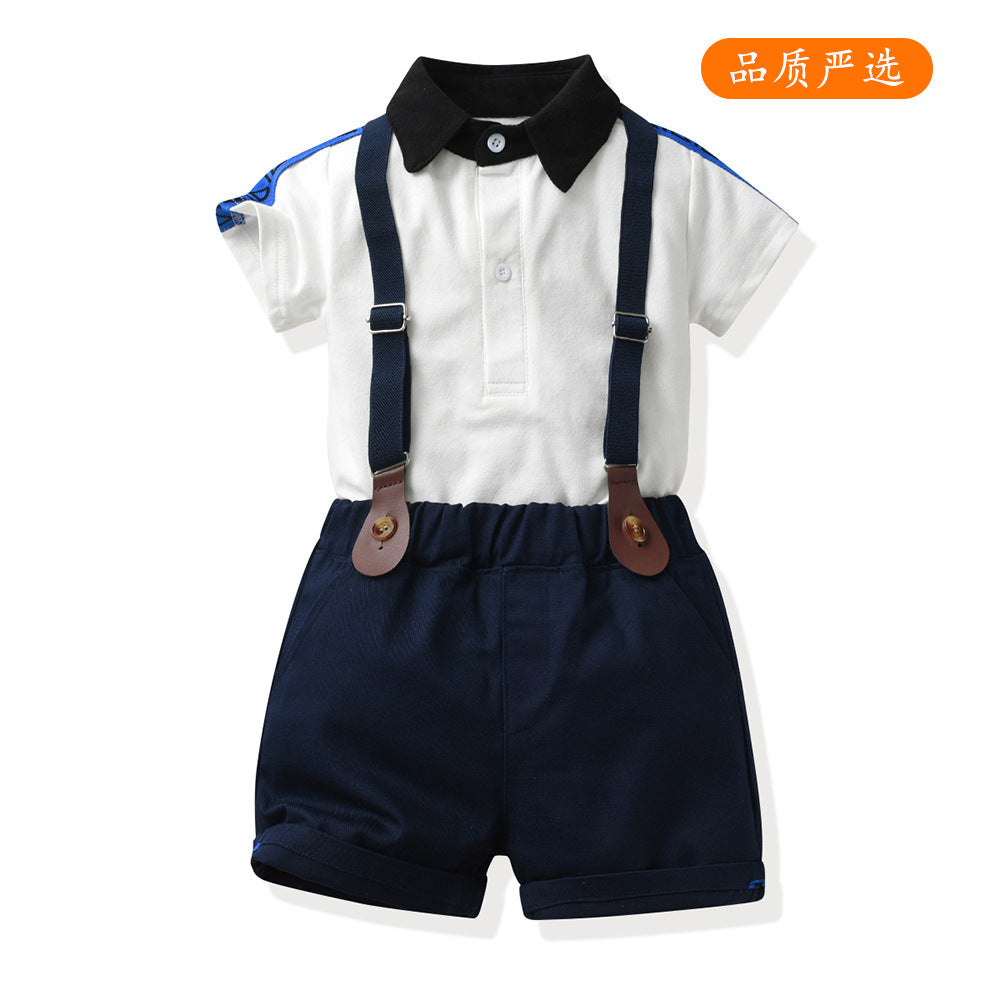 European and american new boys' summer two-piece set: boys' summer outfit, cotton patchwork polo shirt, t-shirt for mid-to-large children
