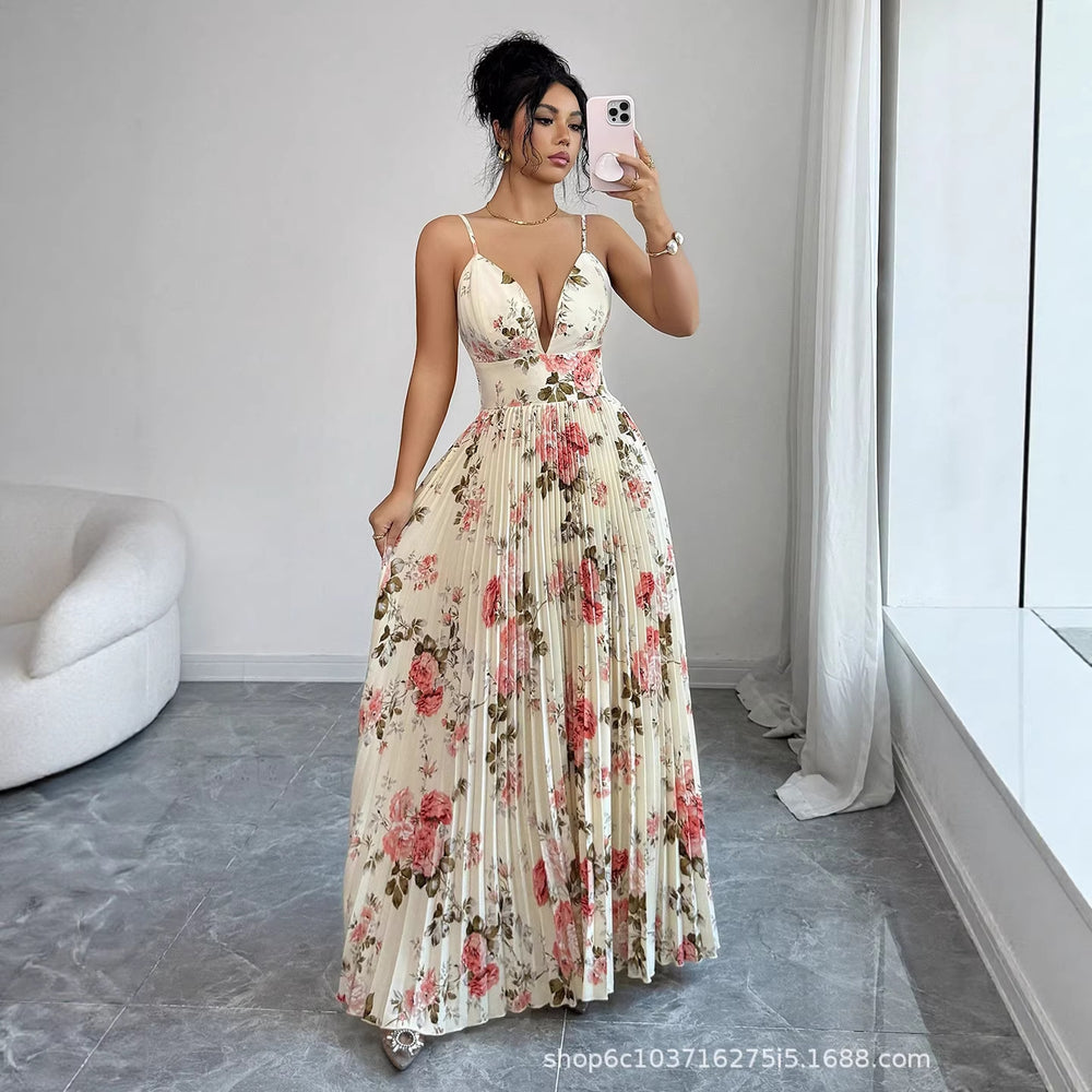 european and american women's clothing:  summer new arrivals -  cross-border floral print dress, elegant vacation style