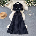 Elegant red lace short-sleeve patchwork dress - women's summer high-end commute style with pleated skirt