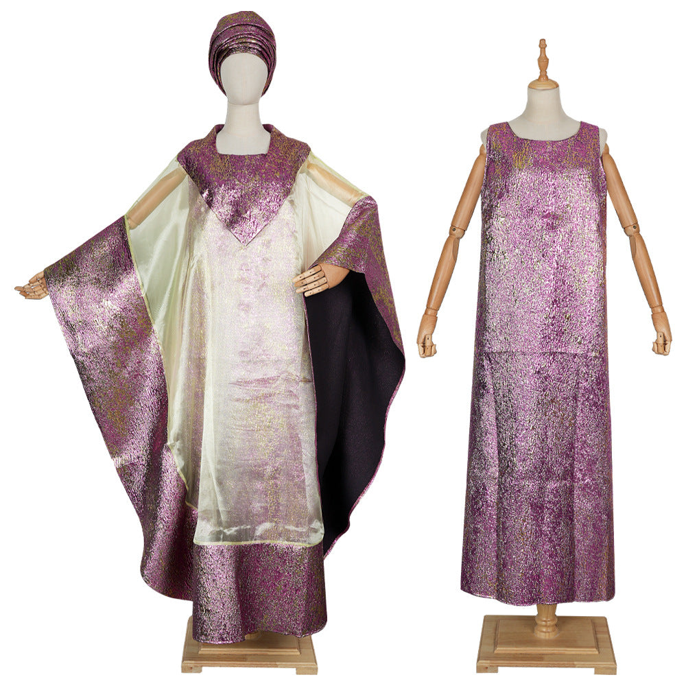 Aliexpress cross-border export african hot stamping plus size robe headscarf women's tassel dress + vest two-piece set