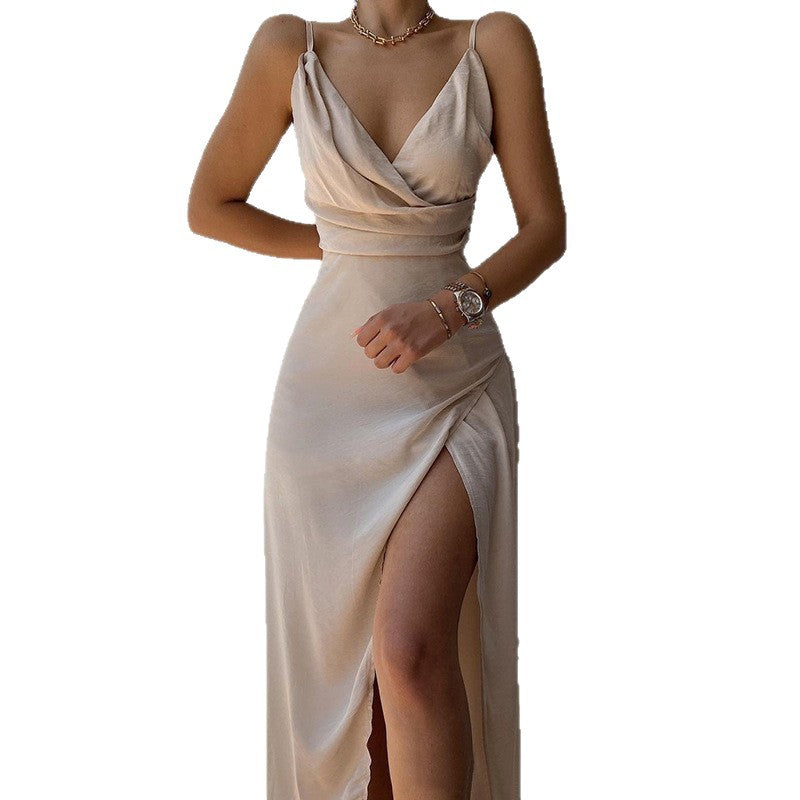 Amazon fashion  summer new sexy v-neck camisole slit fashionable slim-fit dress - women's foreign trade apparel