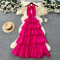 Frenchelegant atmosphere deep v neckhalter strap backlessdress women's waist slimming lookruffles suspender skirt