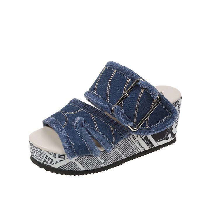 Plus size wedge heel denim peep-toe sandals -  new fashion, comfortable, versatile, rhinestone high heels for export