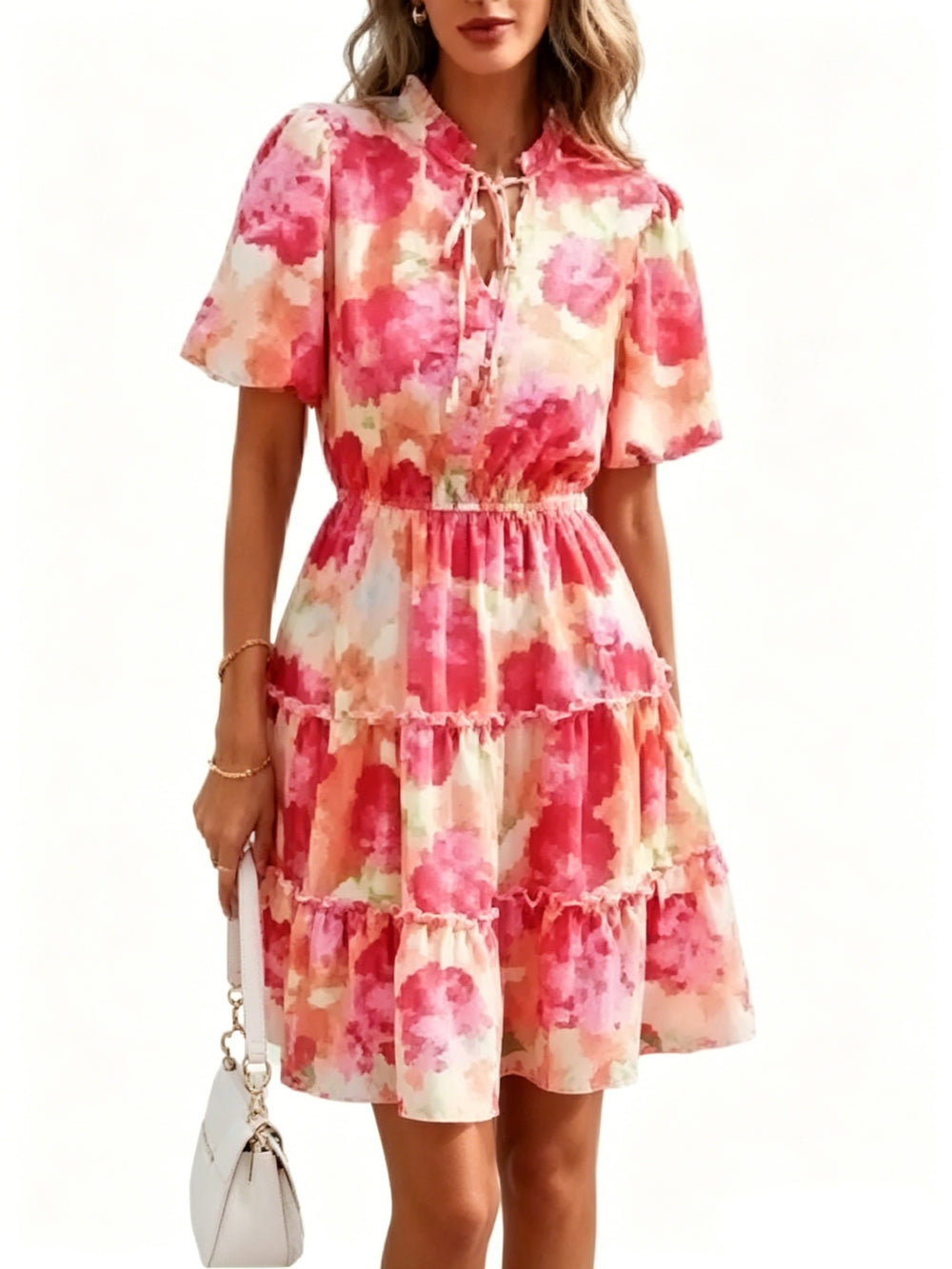 0 european and american cross-border summer women's elegant vacation print tie-strap short sleeve dress
