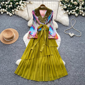Commute-style blazer collar beaded faux two-piece pleated dress - women's tie-waist design maxi dress - autumn  collection