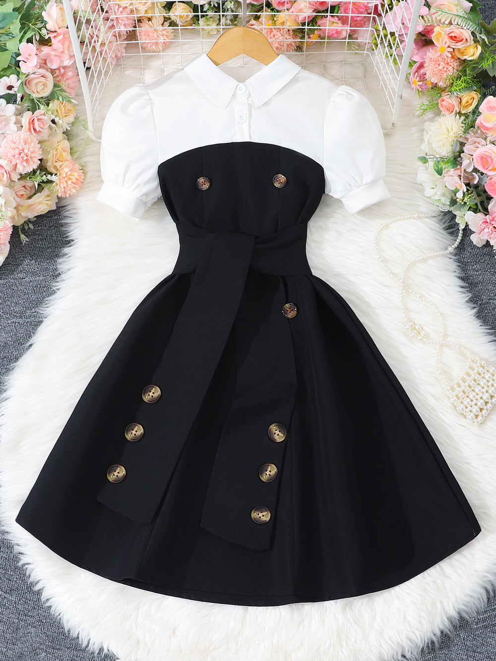 Children's short-sleeved lapel button patchworkcontrast colordress