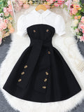 Children's short-sleeved lapel button patchworkcontrast colordress