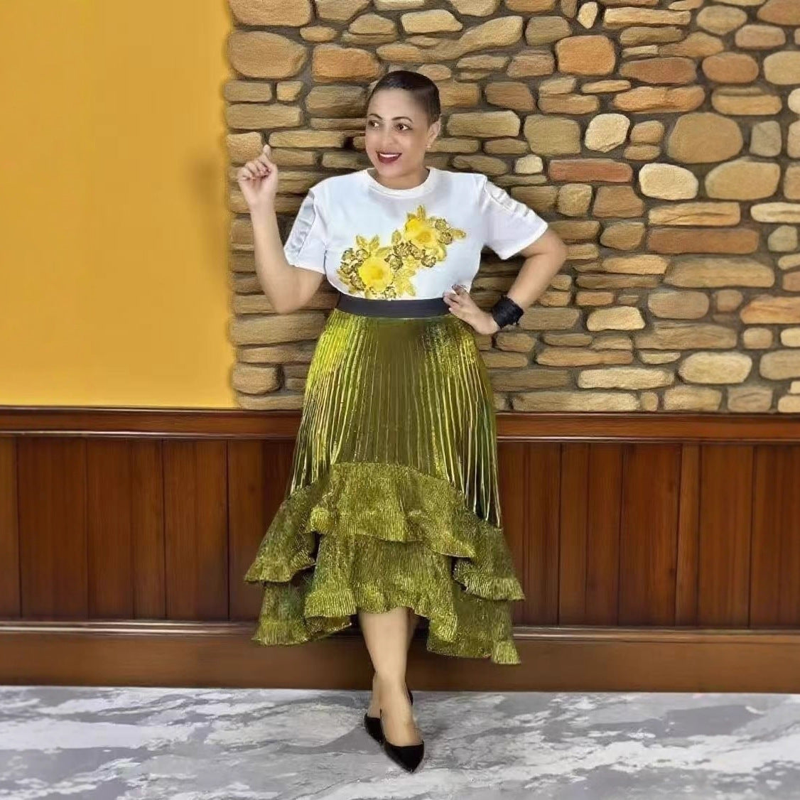 Cross-border French three-dimensional floating flower T-shirt + flash gold pleated ruffle edge long puffy skirt large size two-piece set