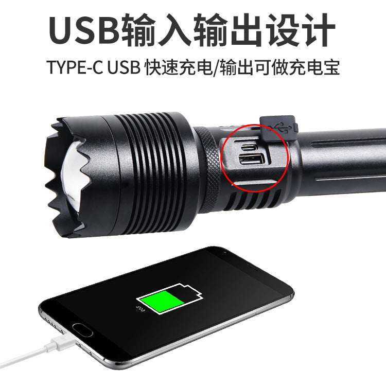 Cross-border zoom flashlight, upgraded TYPE-C USB charging belt output XHP70 strong light XP360 flashlight