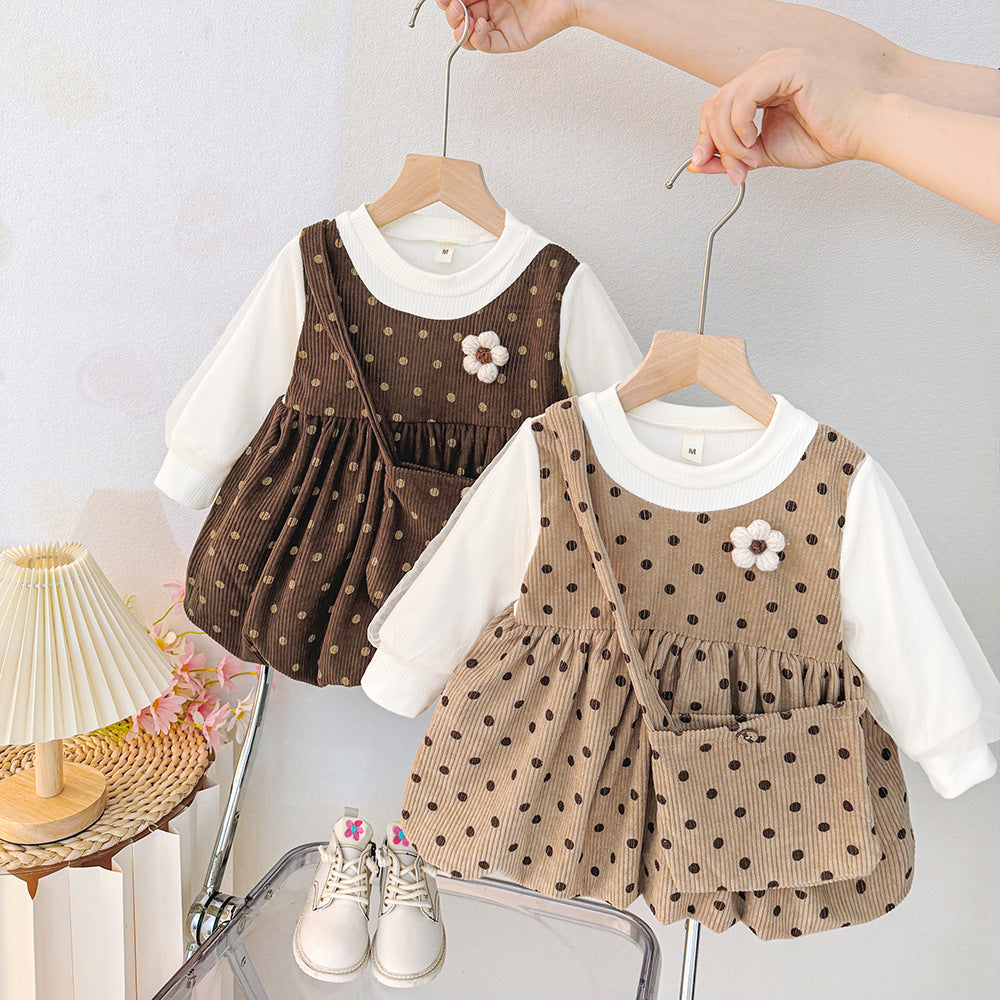Girls' autumn dress  new korean style chic two-piece look dress for toddlers and young children, perfect for baby girls' first birthday and princess outfits