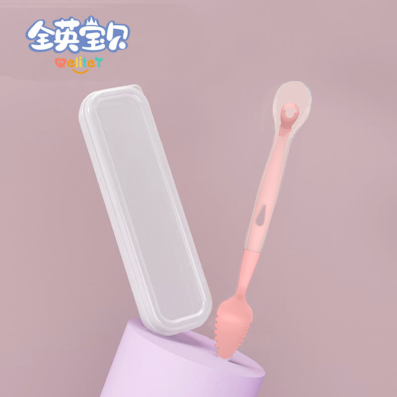 Double-headed mud scraping spoon baby silicone soft spoon baby food supplement artifact newborn eating fruit training fork and spoon set
