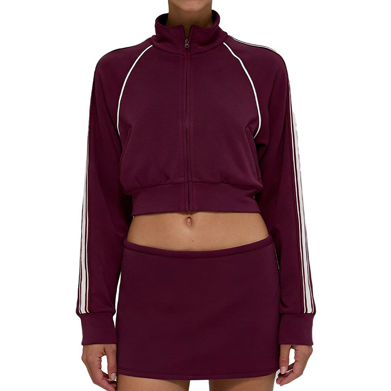 Fall and winternew arrivalmodal air layer sandwiched with white strips breathable stand collar zipper outwear short skirt casual sports suit for women