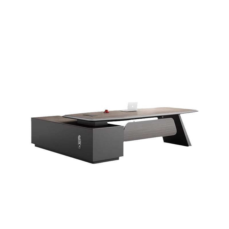 High-end, minimalist, and modern office desk and chair set. executive desk, manager's desk, lacquered finish, understated luxury, suitable for executive offices and boardrooms