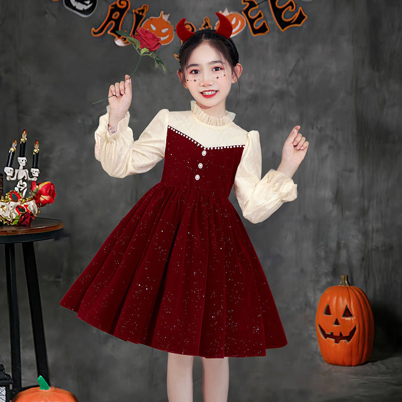 Halloween girls' dress, little girl's autumn/winter princess dress, kids' skirt, birthday chic red piano performance dress