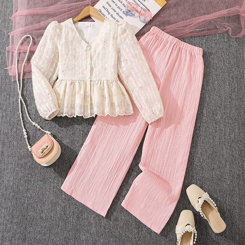 Export children's clothing springnew arrivalfashionsweetelegantv necklace hook flower long sleevestopspantsgirlsuit