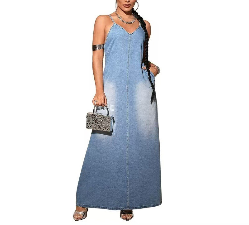 Amazon  asia cross-border fashion new arrivalplus size women's clothing new arrival denim suspender longdress