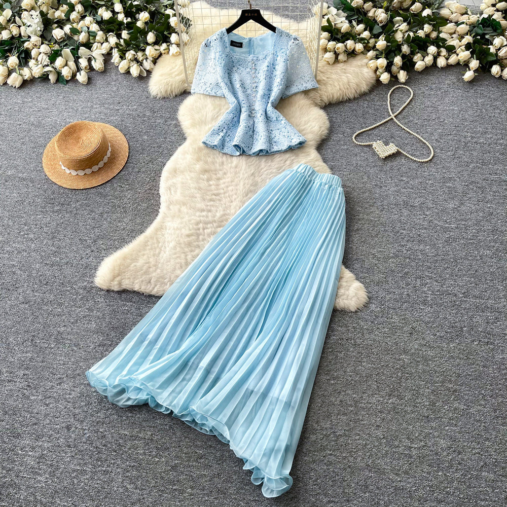 French chic lace top & pleated skirt set - elegant summer two-piece for women, exuding sophistication and style