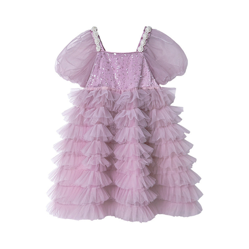 summer girls' purple sequin tulle pearl dress - princess party gown - clearance sale (limited sizes available)