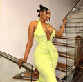 European and american cross-border women's fashion  autumn collection: solid color sleeveless halter neck v-neck sexy backless elegant maxi dress