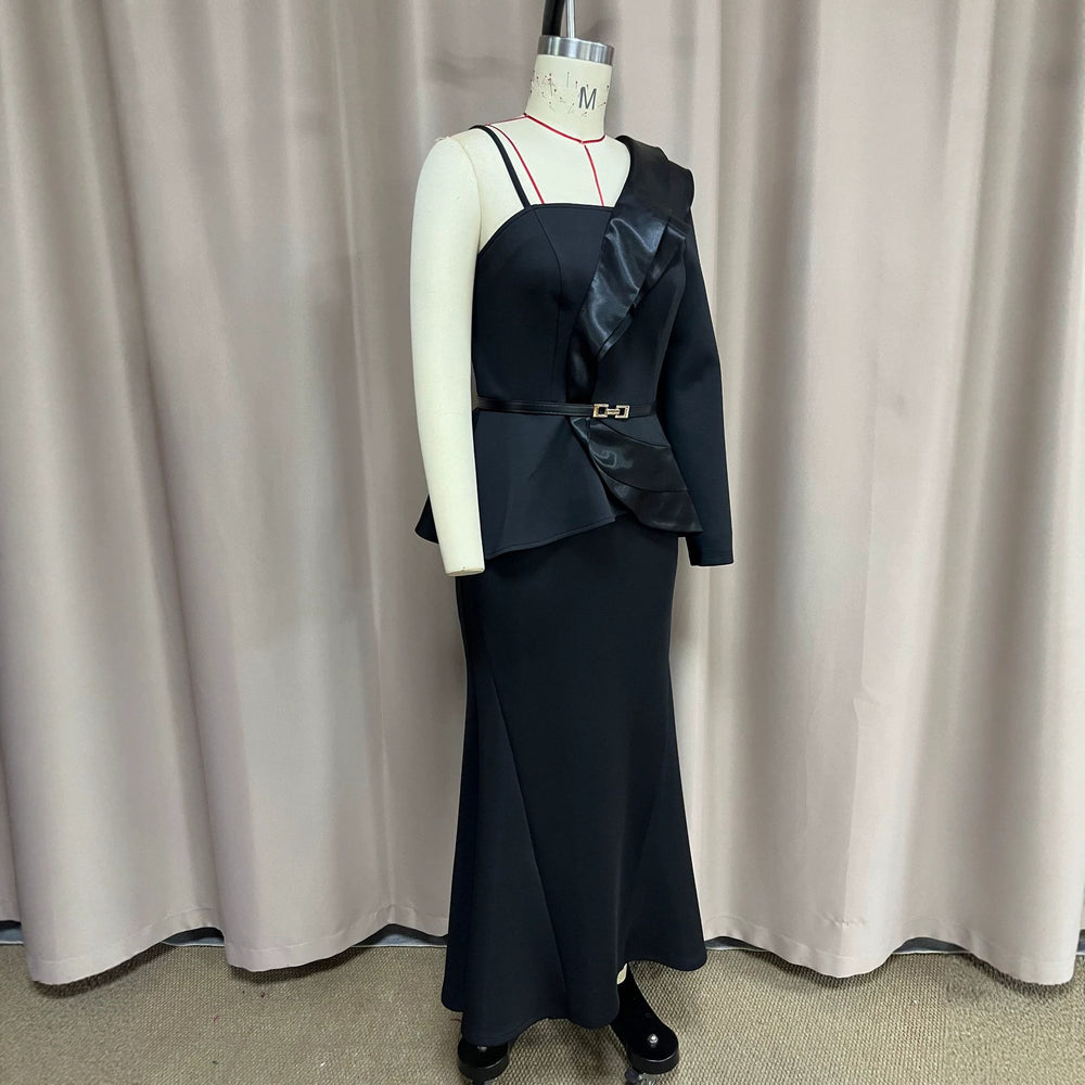 New satin patchwork one-shoulder top & slim-fit bodycon fishtail maxi skirt two-piece set