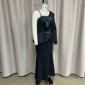 New satin patchwork one-shoulder top & slim-fit bodycon fishtail maxi skirt two-piece set