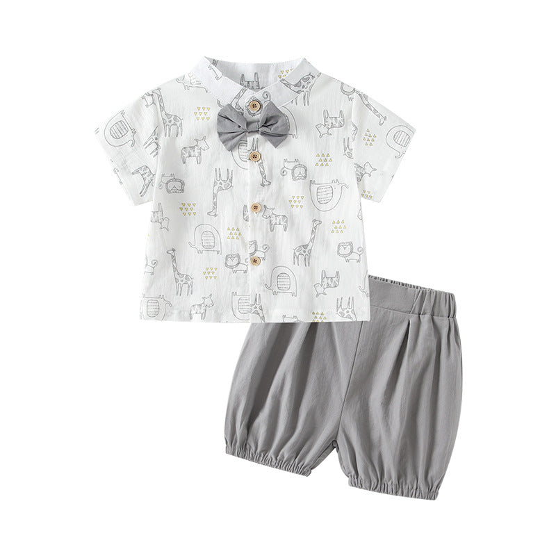 Baby summer outfit set: trendy cartoon animal print shirt & cute casual pants - korean style two-piece set for boys