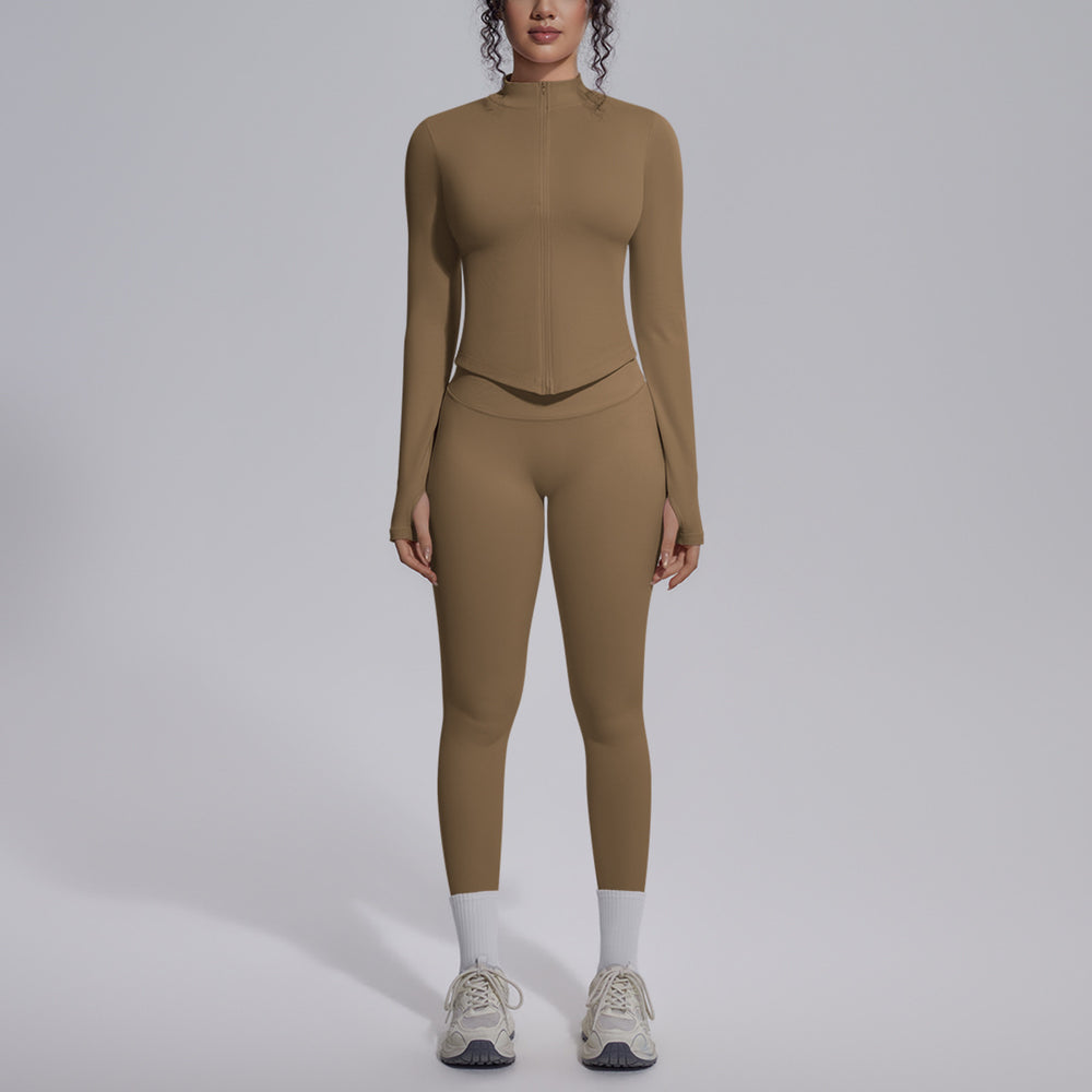 European and american seamless yoga set - slim fit zipper jacket & peach lift butt leggings - women's activewear workout outfit