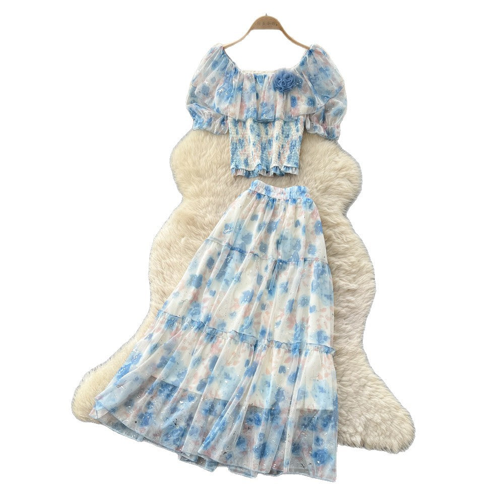 French romantic one-shoulder bubble sleeve floral two-piece set - women's summer high-waisted mesh cake skirt elegant outfit