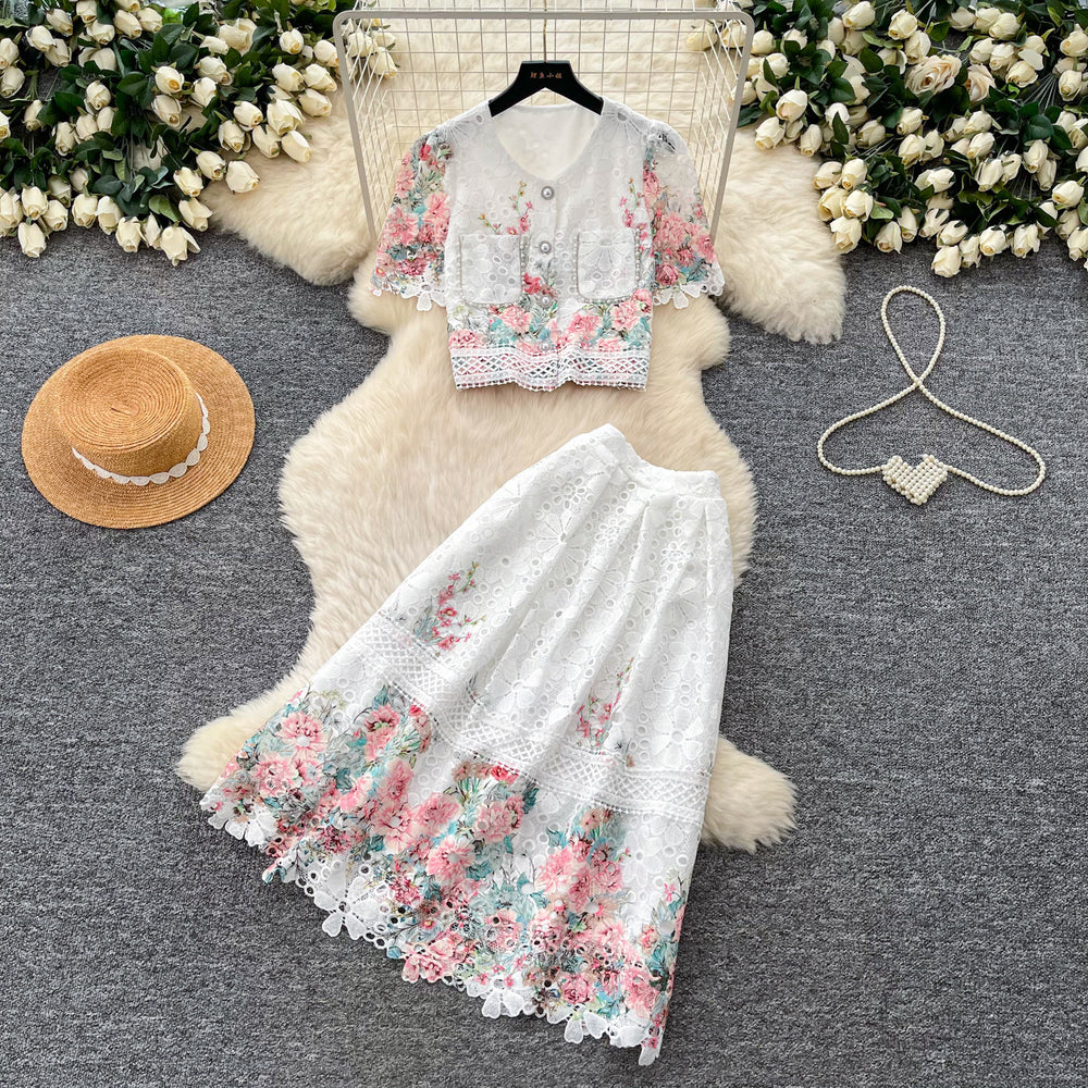 High-end, chic, and luxurious two-piece set:  summer new arrival - embroidered water-soluble lace top and high-waisted midi skirt for women