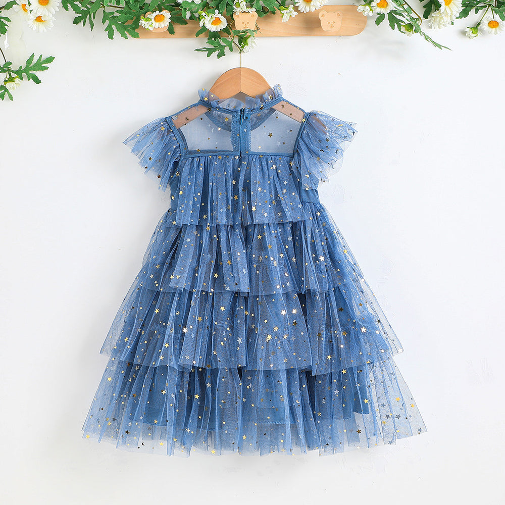 girls' ins-style mesh dress, ages 3-8, flutter sleeve dress, european and american solid color summer dress, cross-border e-commerce