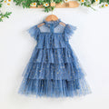 girls' ins-style mesh dress, ages 3-8, flutter sleeve dress, european and american solid color summer dress, cross-border e-commerce
