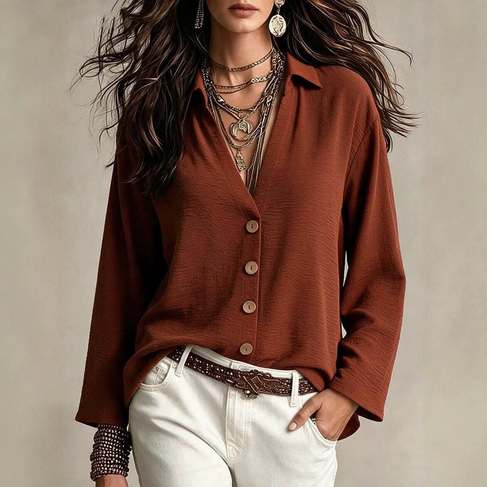 Women's relaxed fit top - brick red v-neck cardigan with drapey, pleated fabric and long sleeves - wholesale