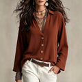 Women's relaxed fit top - brick red v-neck cardigan with drapey, pleated fabric and long sleeves - wholesale