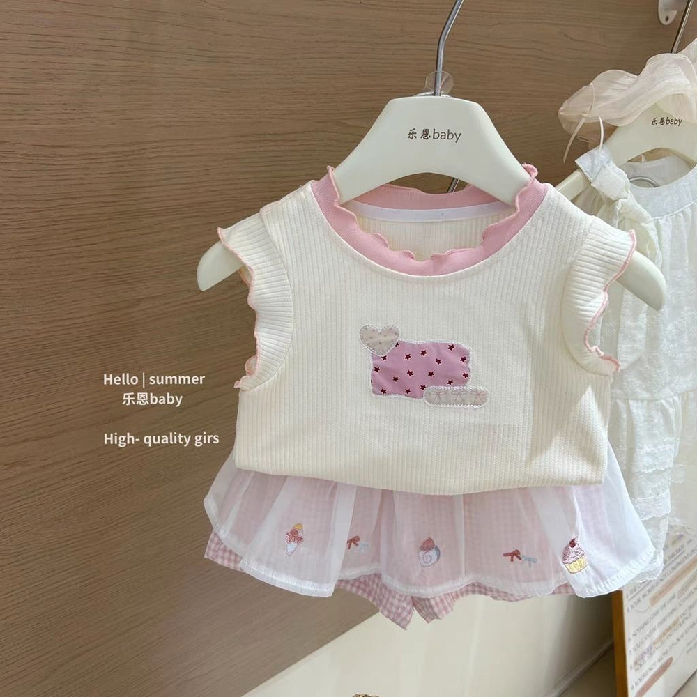 summer new girls' off-white tank top with pink gingham lace pants - trendy and cute lightweight set for babies